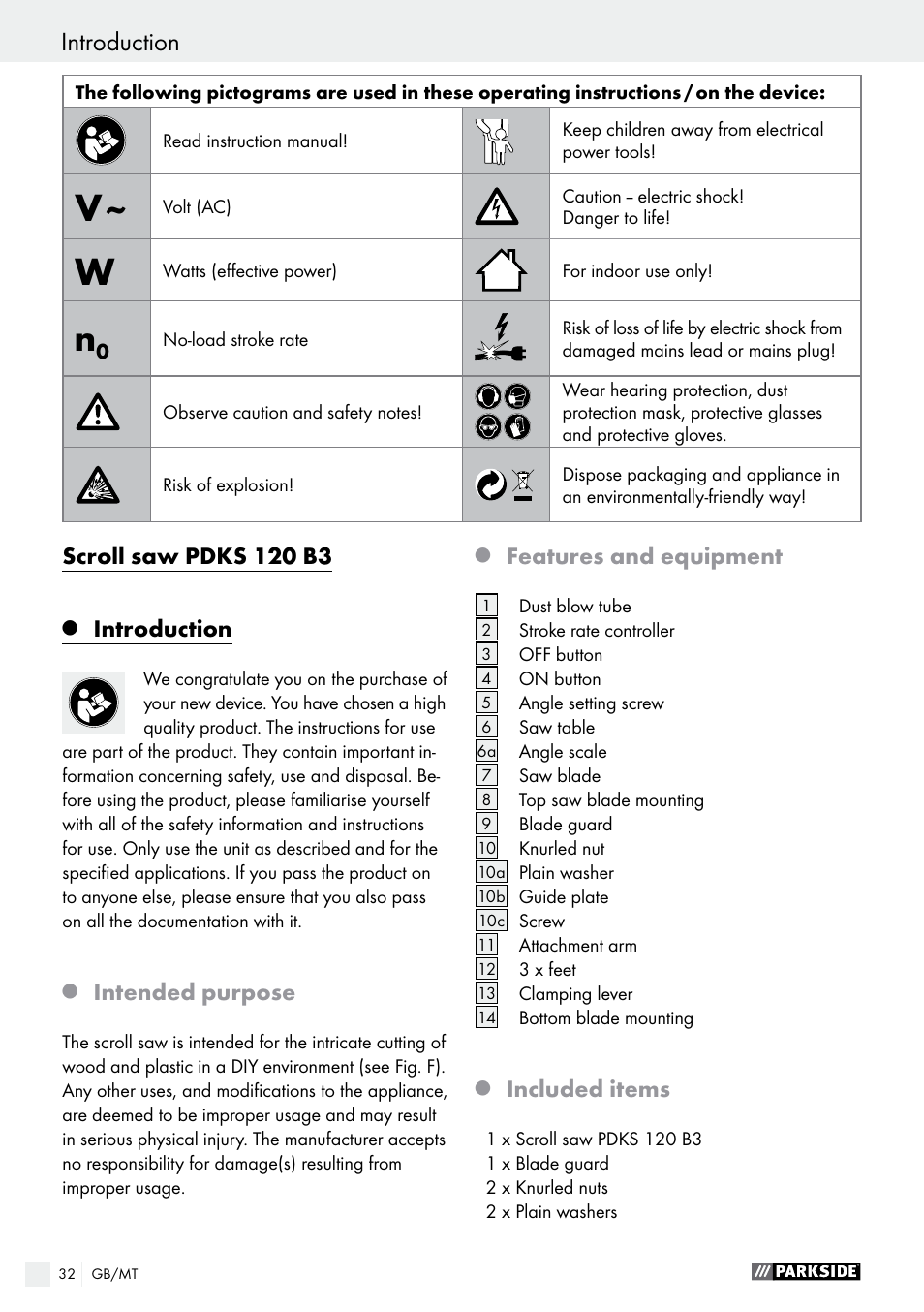 Introduction, Introduction / general safety advice, Scroll saw pdks 120 b3 | Intended purpose, Features and equipment, Included items | Parkside PDKS 120 B3 User Manual | Page 32 / 48