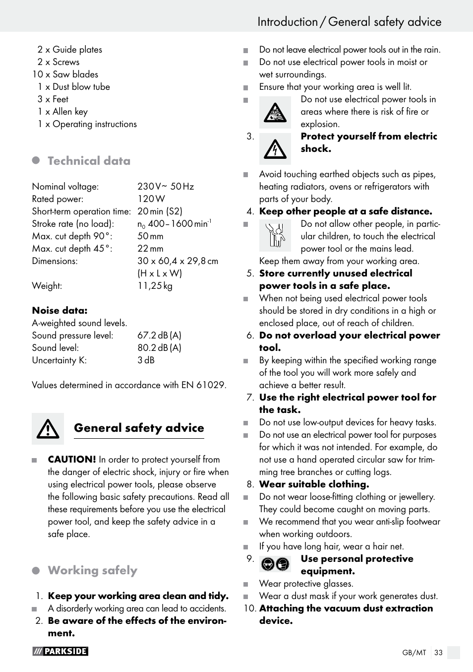 Introduction introduction / general safety advice, Technical data, General safety advice | Working safely | Parkside PDKS 120 B3 User Manual | Page 33 / 48