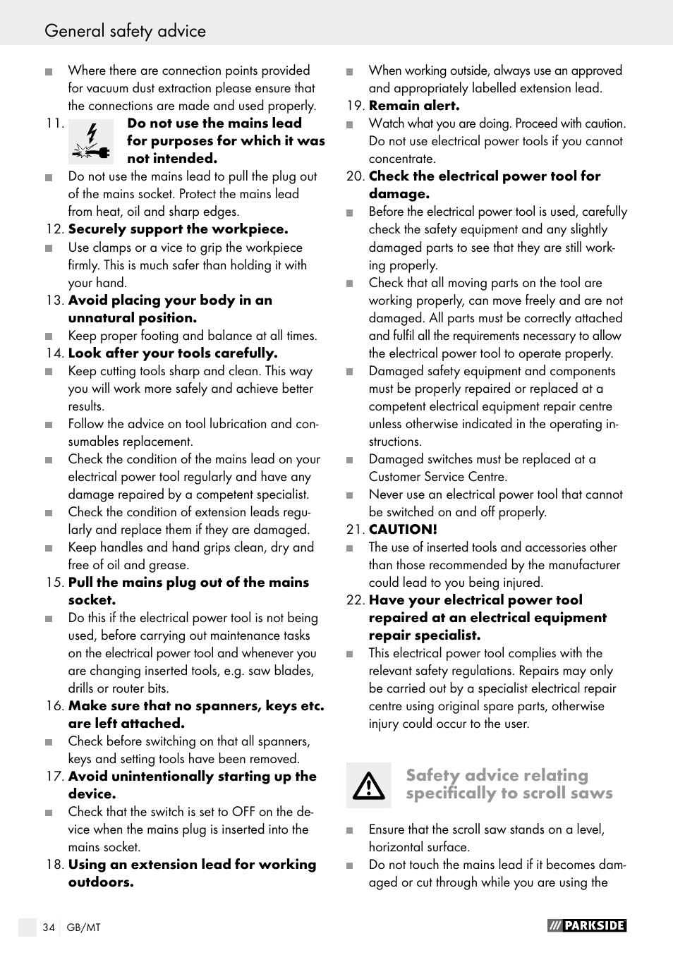 General safety advice, General safety advice / assembly, Safety advice relating specifically to scroll saws | Parkside PDKS 120 B3 User Manual | Page 34 / 48