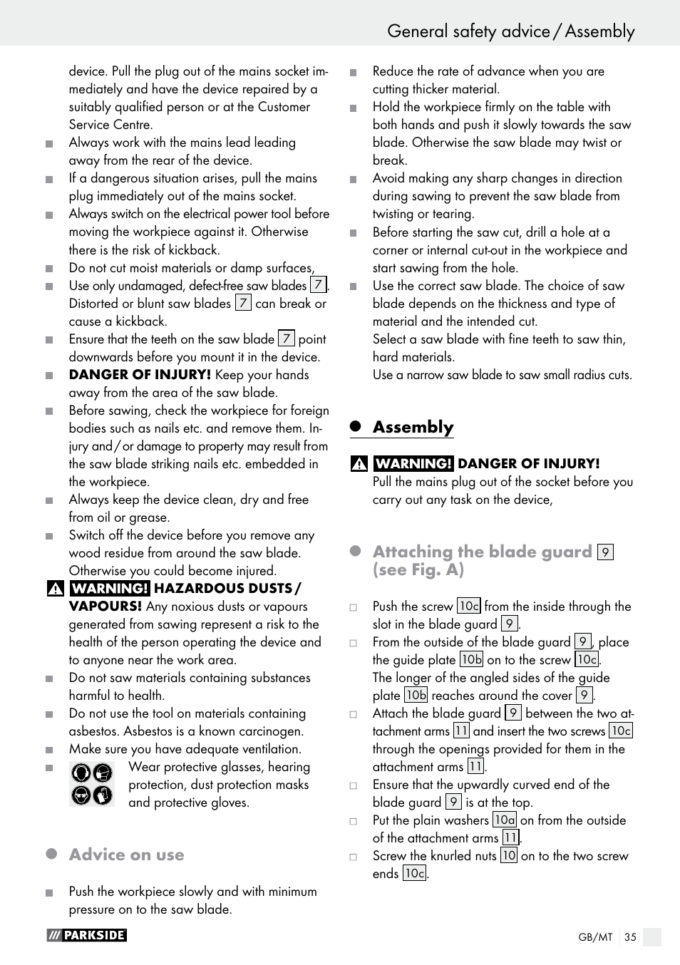 Advice on use, Assembly, Attaching the blade guard | See fig. a) | Parkside PDKS 120 B3 User Manual | Page 35 / 48
