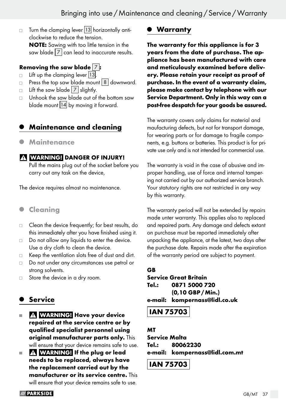 Maintenance and cleaning, Maintenance, Cleaning | Service, Warranty | Parkside PDKS 120 B3 User Manual | Page 37 / 48