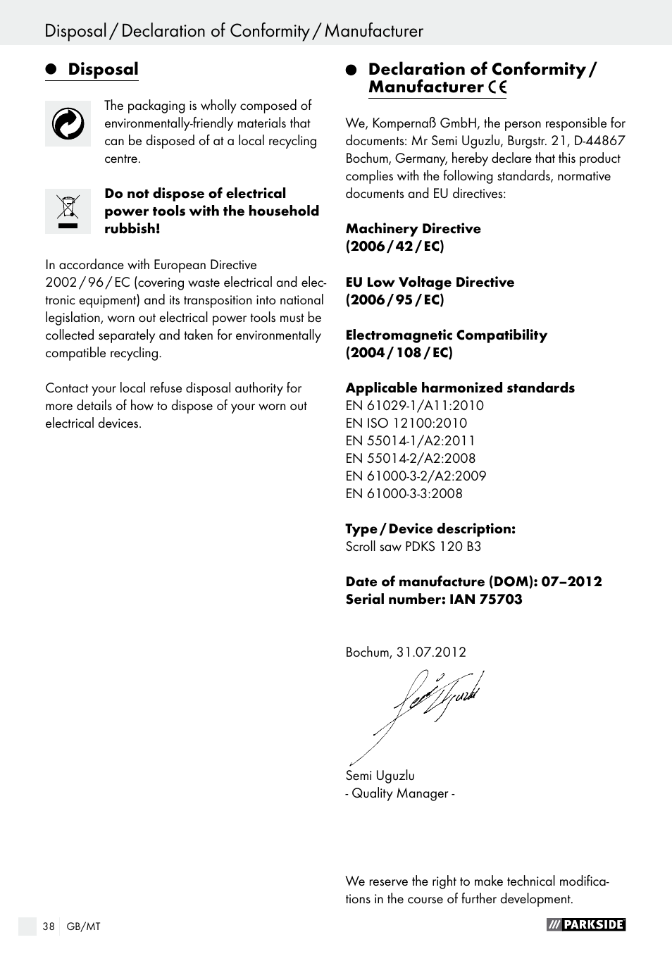 Parkside PDKS 120 B3 User Manual | Page 38 / 48