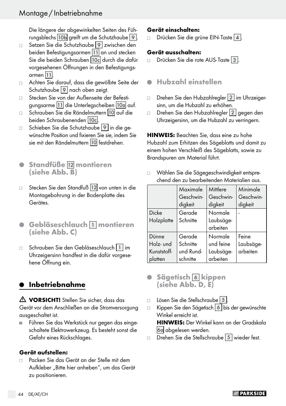 Standfüße, Montieren (siehe abb. b), Gebläseschlauch | Montieren (siehe abb. c), Inbetriebnahme, Hubzahl einstellen, Sägetisch, Kippen (siehe abb. d, e) | Parkside PDKS 120 B3 User Manual | Page 44 / 48