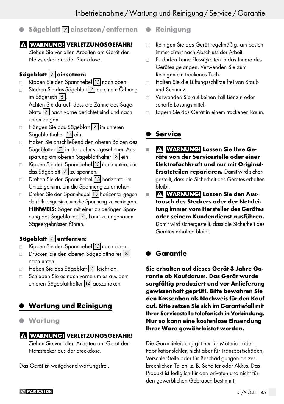 Montage / inbetriebnahme, Sägeblatt, Einsetzen / entfernen | Wartung und reinigung wartung, Reinigung, Service, Garantie | Parkside PDKS 120 B3 User Manual | Page 45 / 48