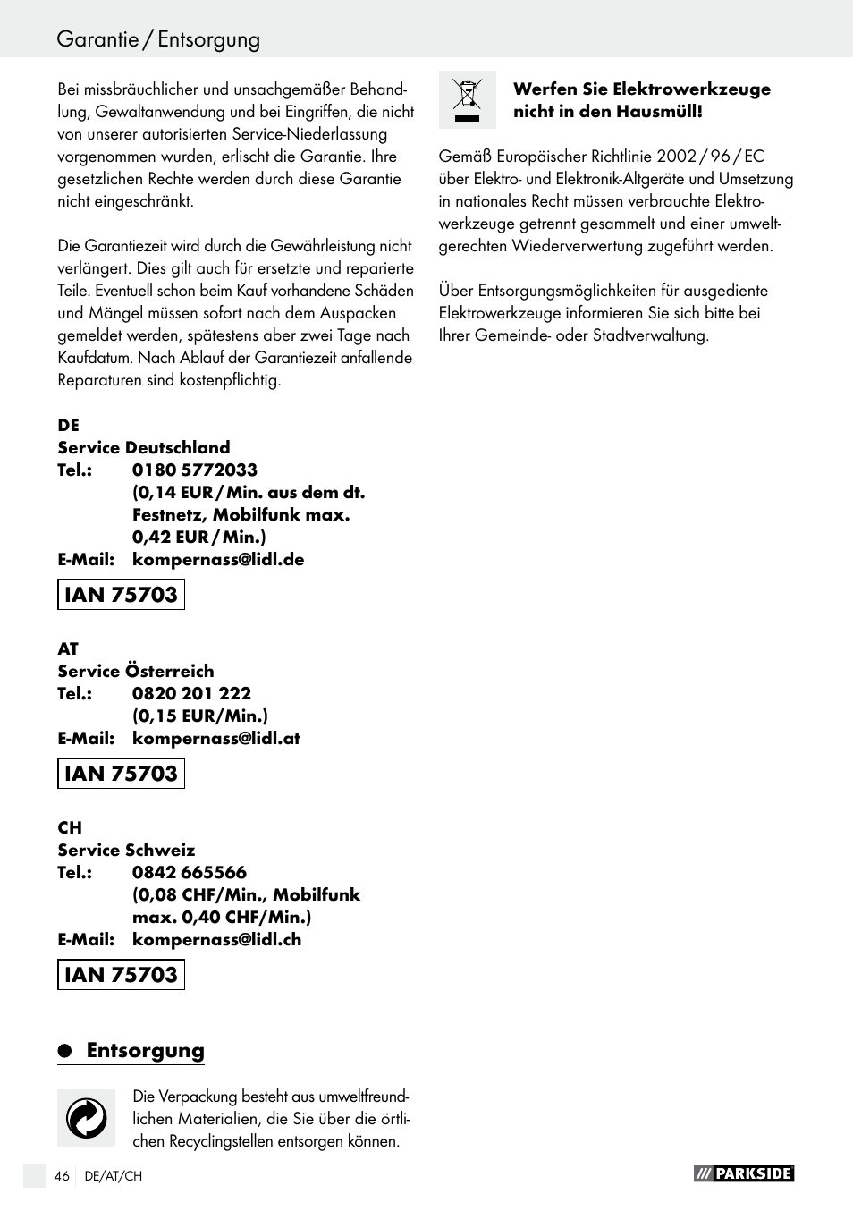 Parkside PDKS 120 B3 User Manual | Page 46 / 48