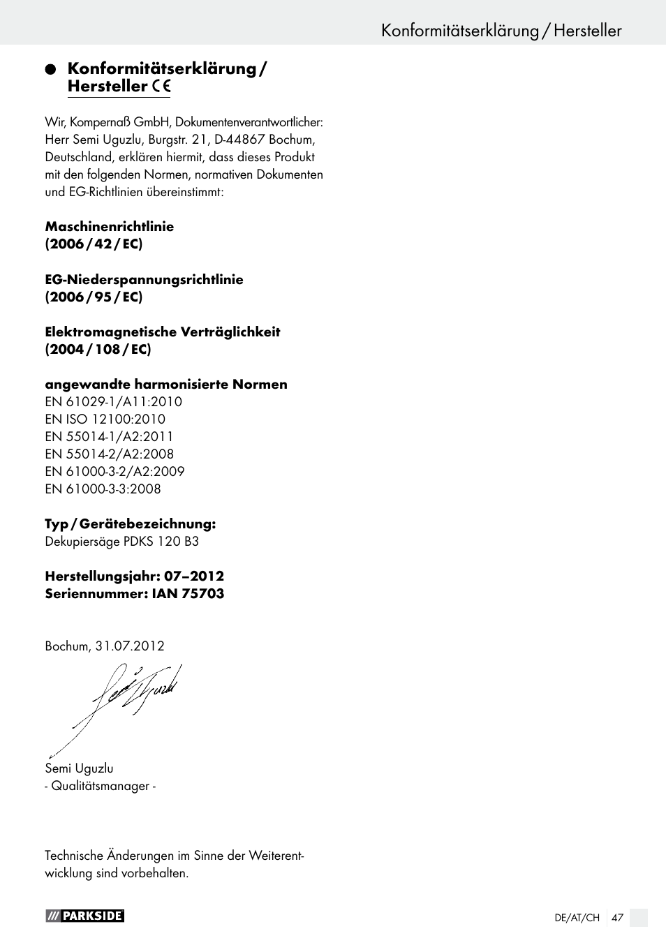 Garantie / entsorgung, Konformitätserklärung / hersteller | Parkside PDKS 120 B3 User Manual | Page 47 / 48