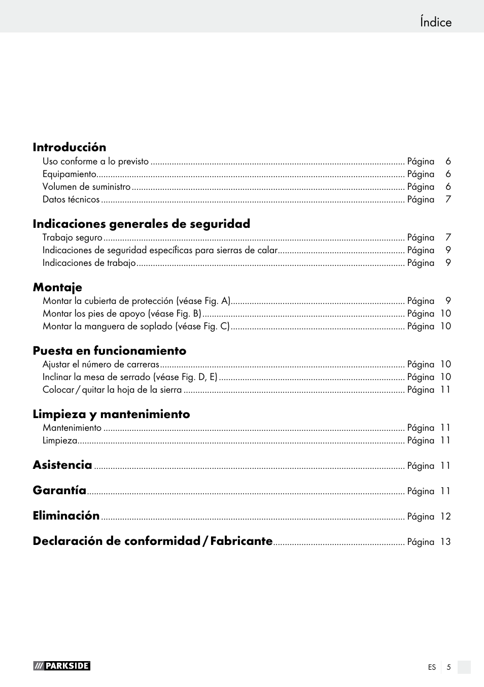 Índice | Parkside PDKS 120 B3 User Manual | Page 5 / 48