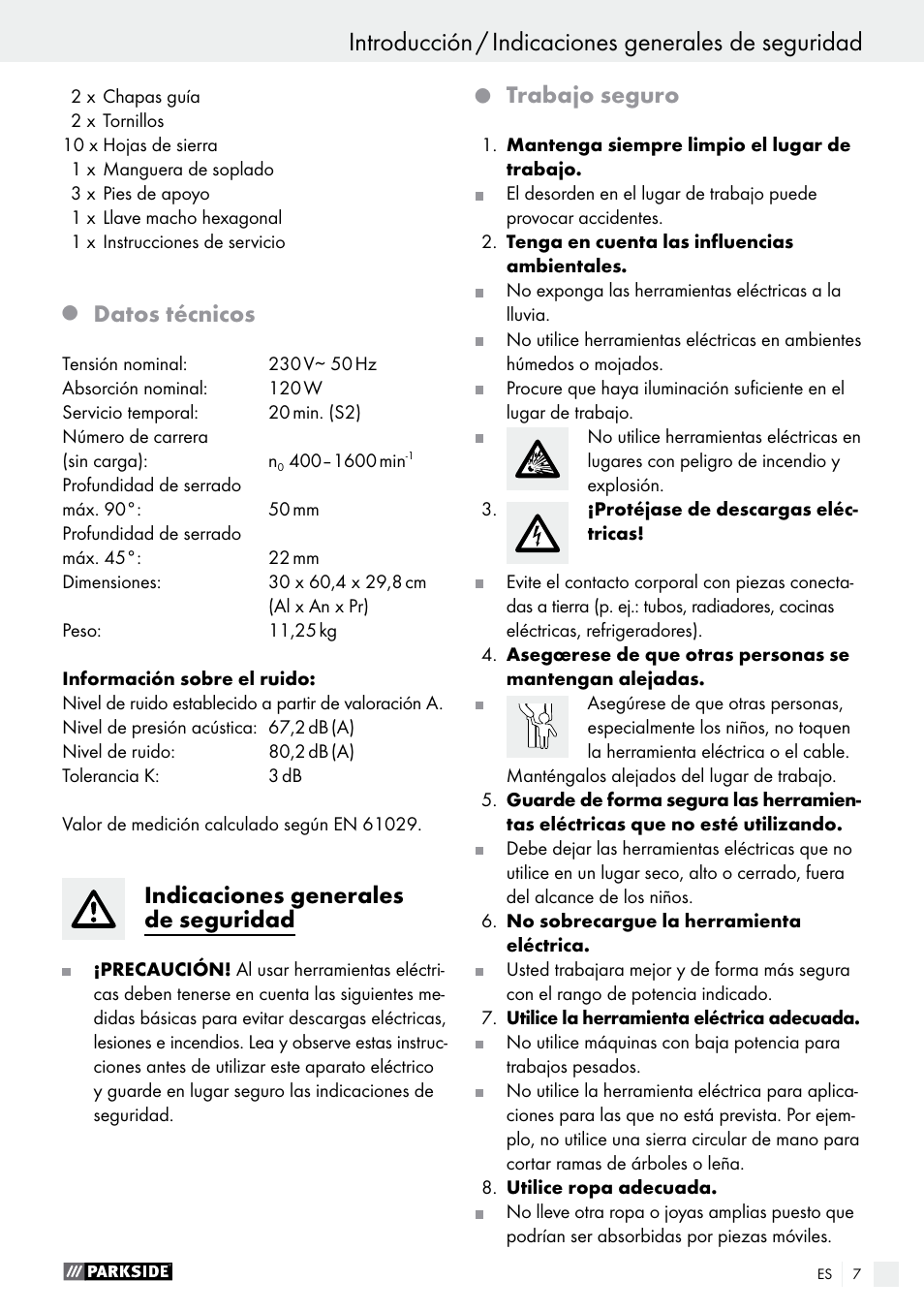Datos técnicos, Indicaciones generales de seguridad, Trabajo seguro | Parkside PDKS 120 B3 User Manual | Page 7 / 48