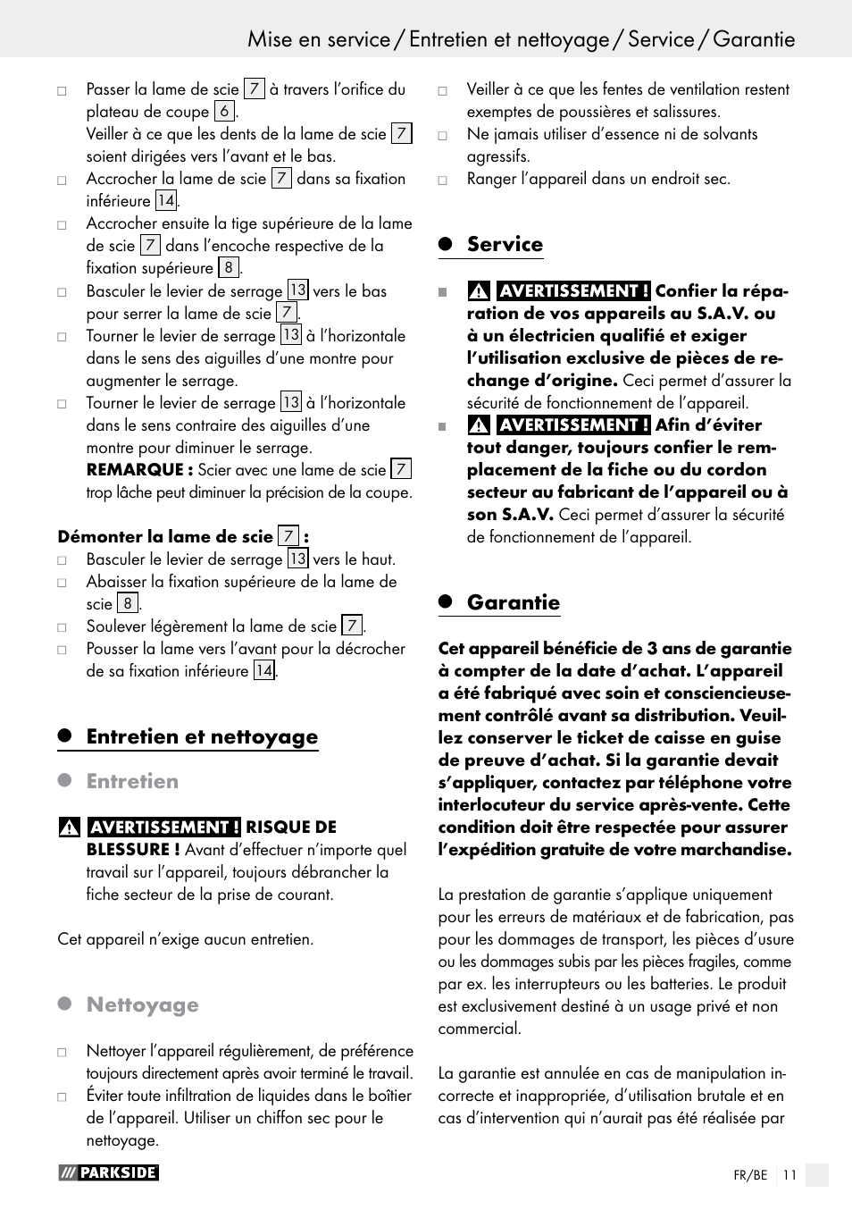 Entretien et nettoyage, Entretien, Nettoyage | Service, Garantie | Parkside PDKS 120 B3 User Manual | Page 11 / 41