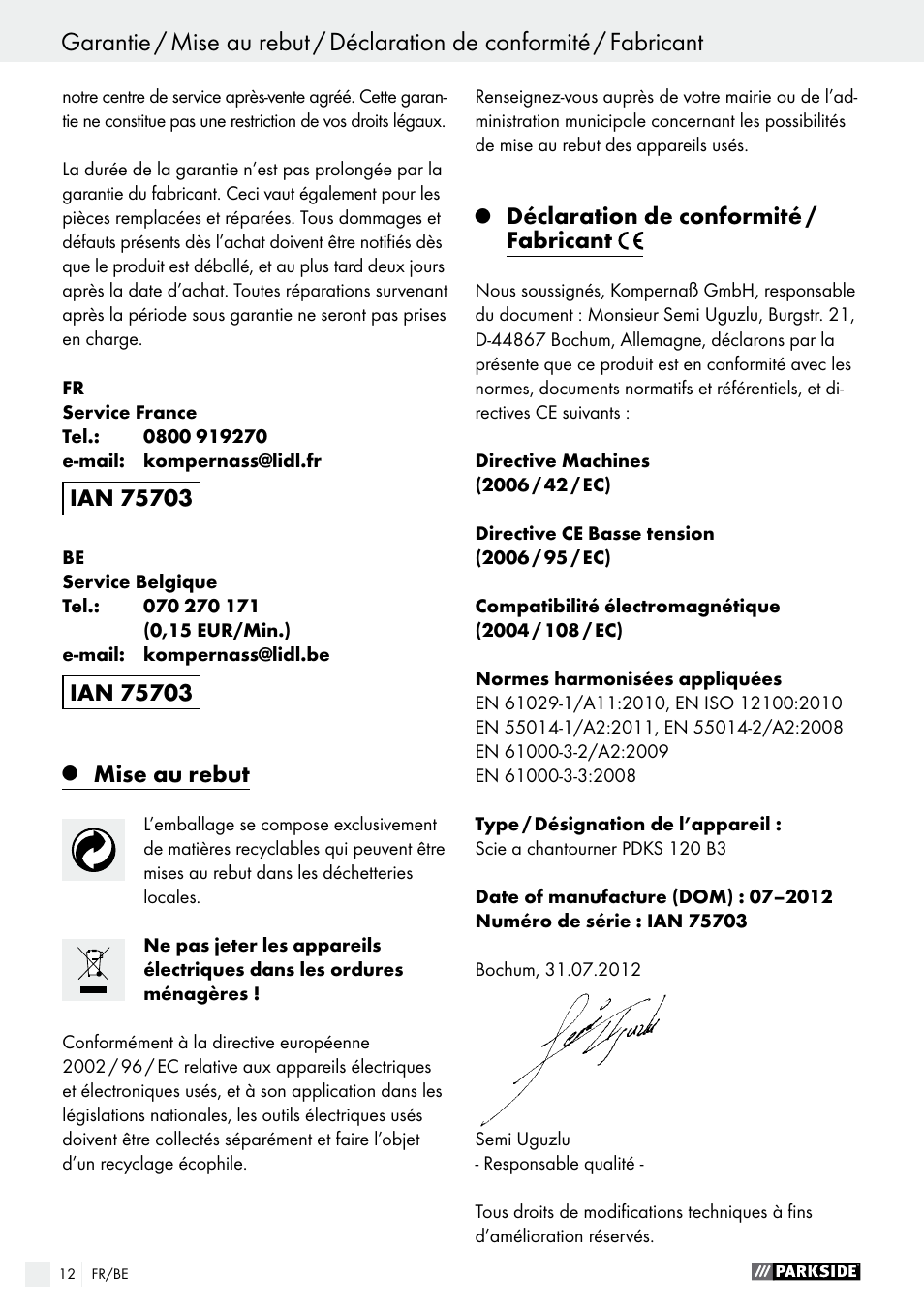 Inhoudsopgave, Mise au rebut, Déclaration de conformité / fabricant | Parkside PDKS 120 B3 User Manual | Page 12 / 41