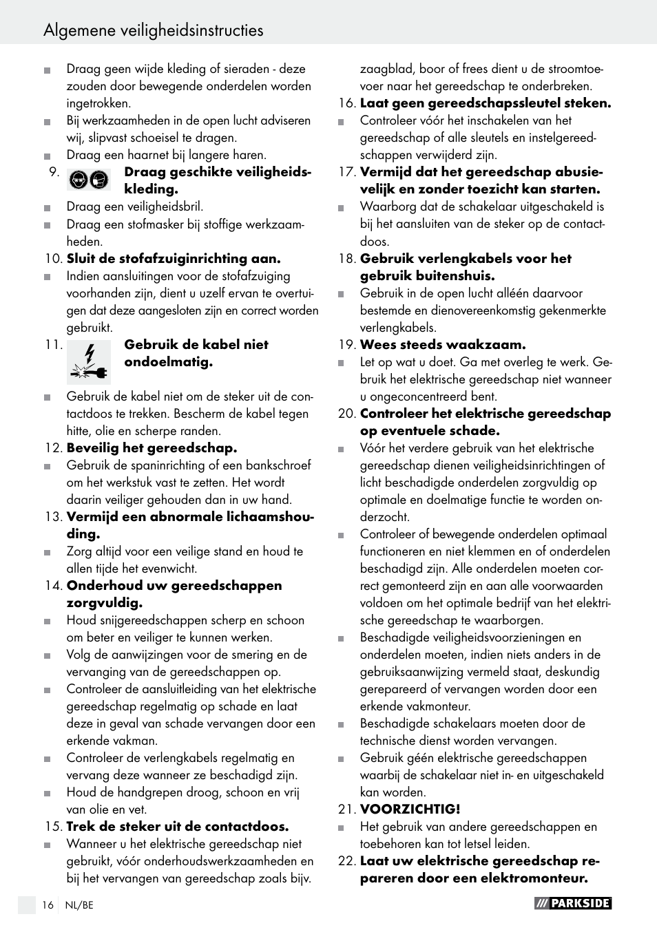 Algemene veiligheidsinstructies, Algemene veiligheidsinstructies / montage | Parkside PDKS 120 B3 User Manual | Page 16 / 41