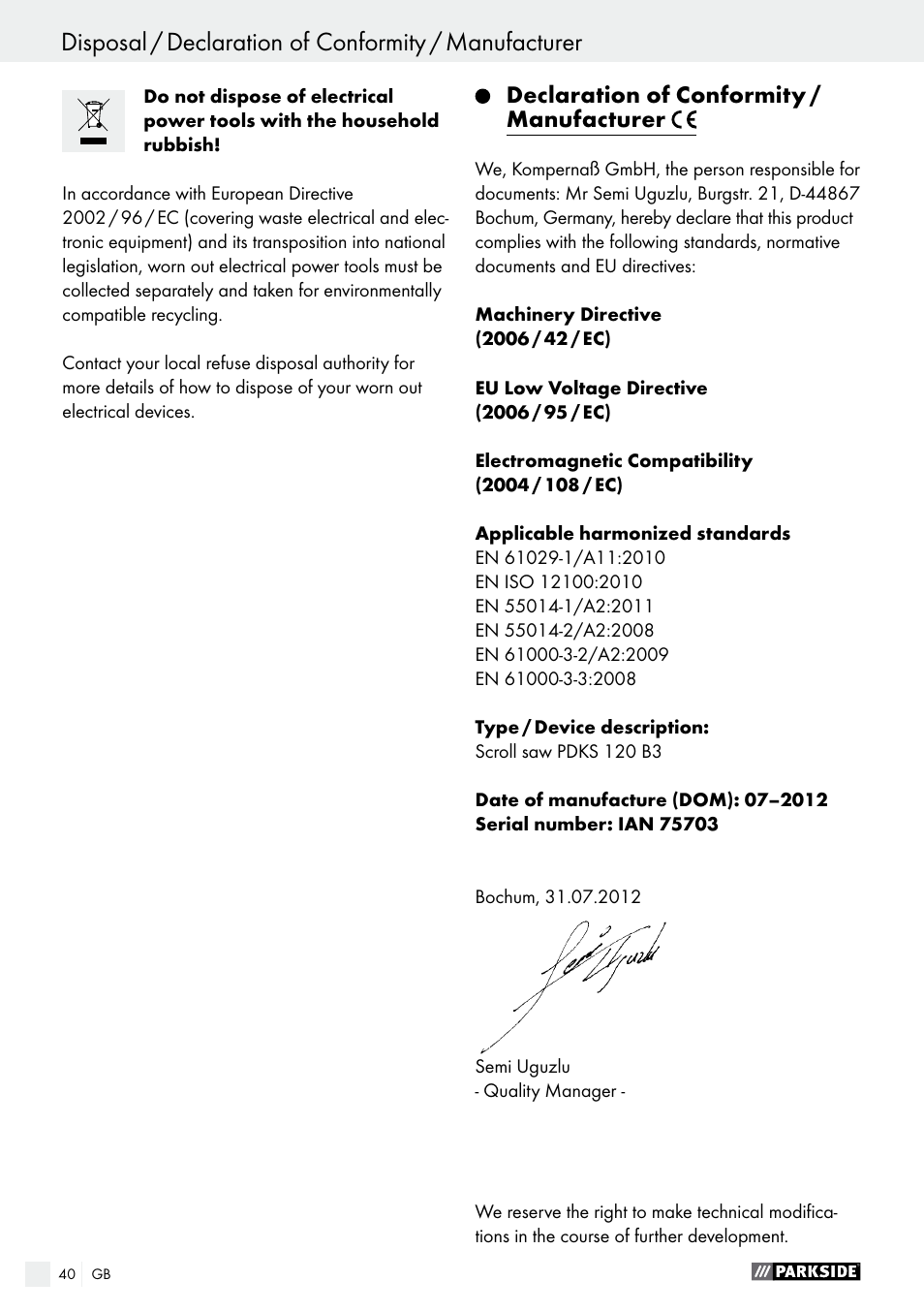 Parkside PDKS 120 B3 User Manual | Page 40 / 41