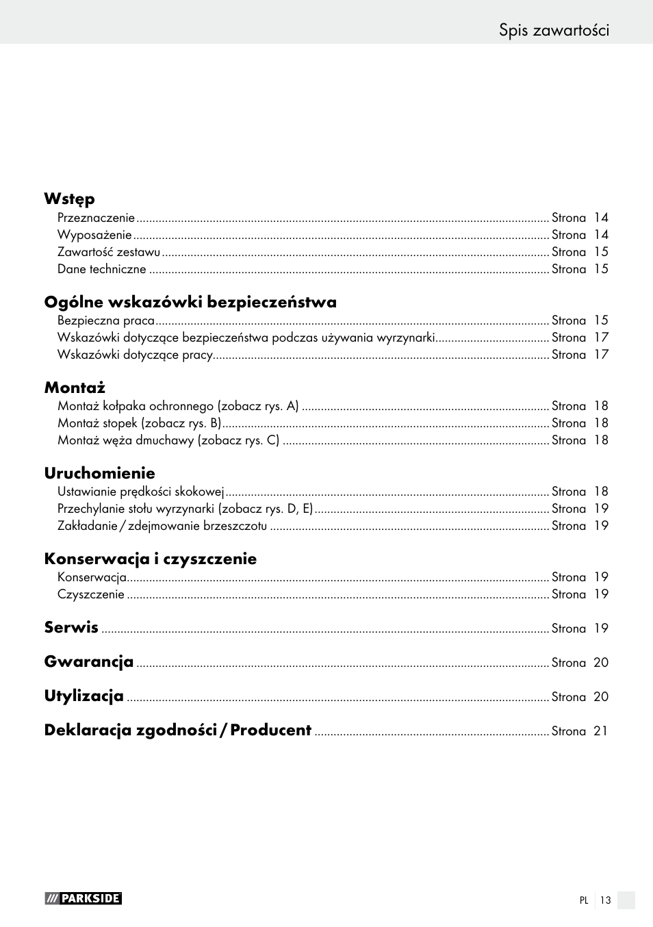 Spis zawartości | Parkside PDKS 120 B3 User Manual | Page 13 / 58