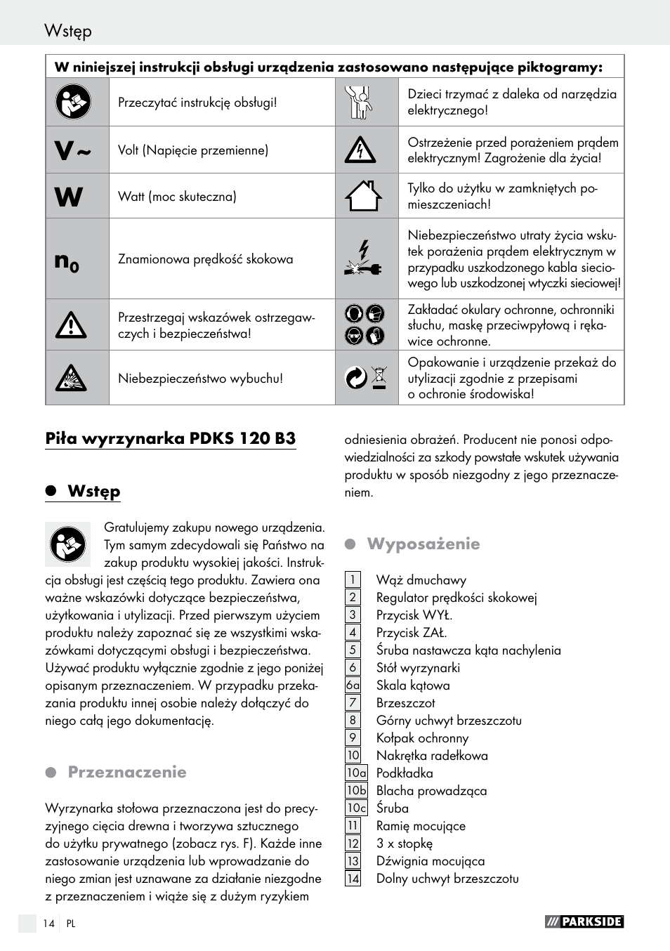 Wstęp / ogólne wskazówki bezpieczeństwa wstęp | Parkside PDKS 120 B3 User Manual | Page 14 / 58