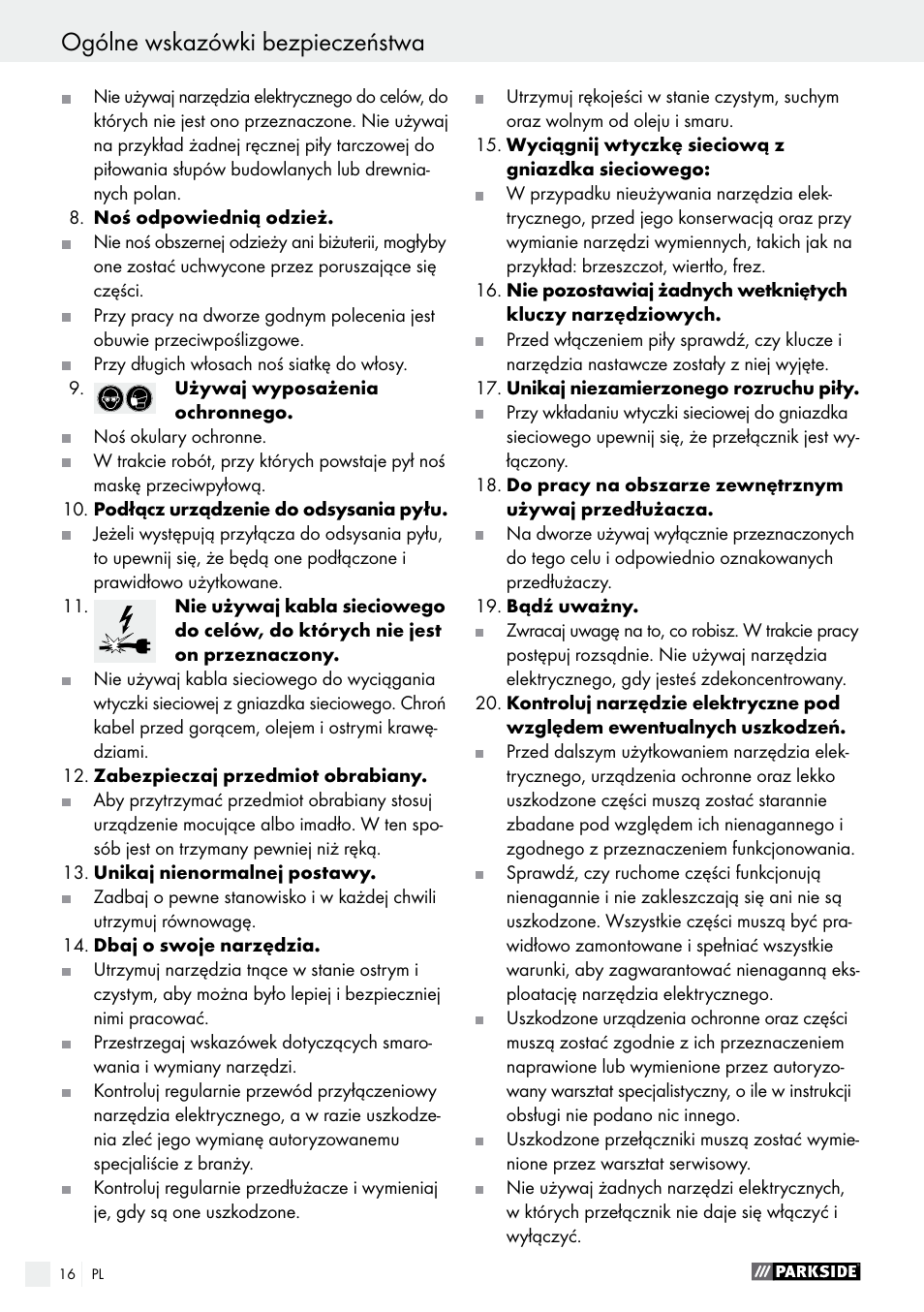 Ogólne wskazówki bezpieczeństwa | Parkside PDKS 120 B3 User Manual | Page 16 / 58