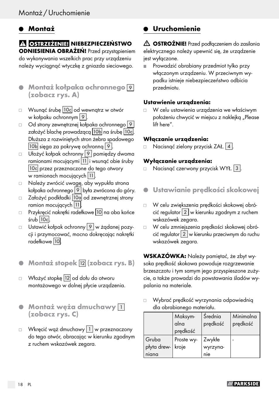 Montaż, Montaż kołpaka ochronnego, Zobacz rys. a) | Montaż stopek, Zobacz rys. b), Montaż węża dmuchawy, Zobacz rys. c), Uruchomienie, Ustawianie prędkości skokowej | Parkside PDKS 120 B3 User Manual | Page 18 / 58