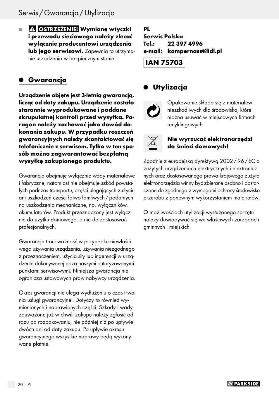 Gwarancja, Utylizacja | Parkside PDKS 120 B3 User Manual | Page 20 / 58