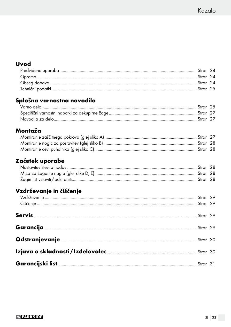 Kazalo | Parkside PDKS 120 B3 User Manual | Page 23 / 58