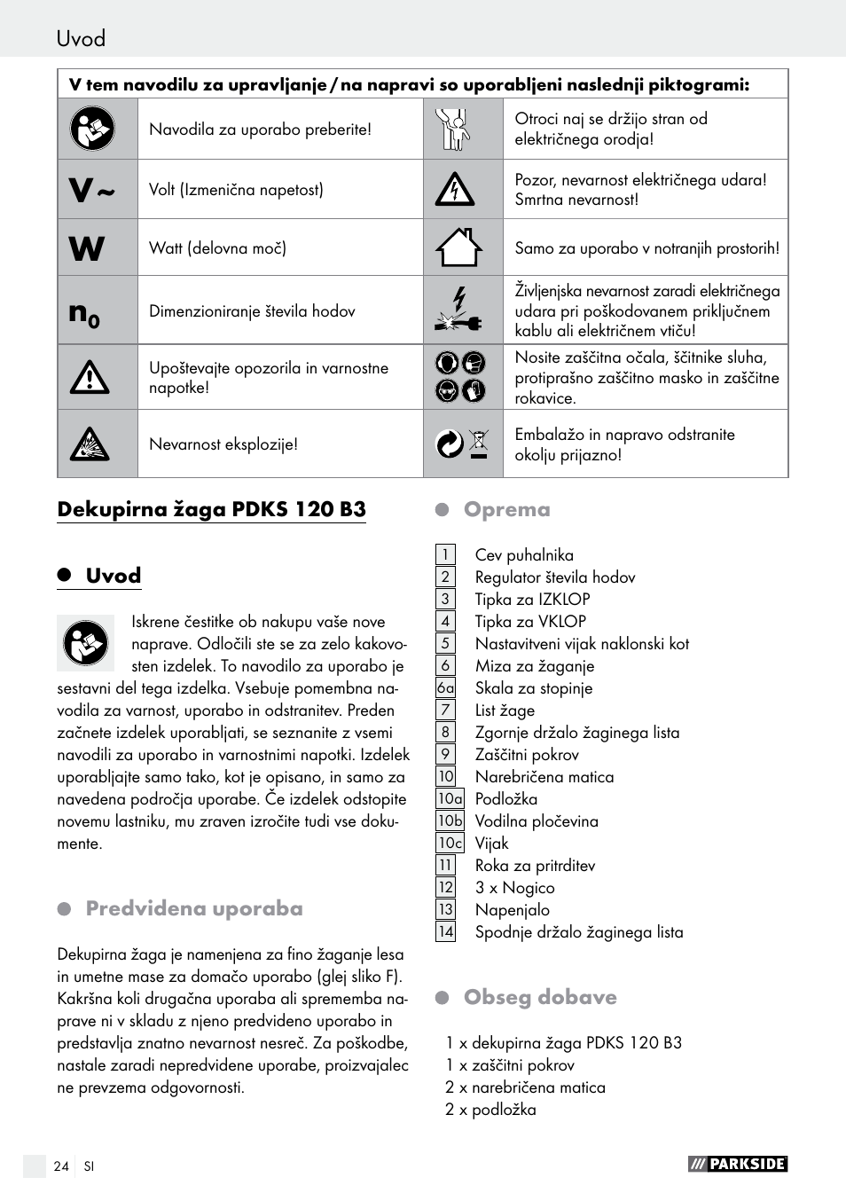 Uvod / splošna varnostna navodila uvod | Parkside PDKS 120 B3 User Manual | Page 24 / 58