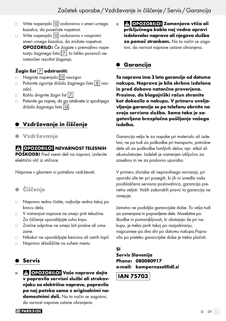 Vzdrževanje in čiščenje vzdrževanje, Čiščenje, Servis | Garancija | Parkside PDKS 120 B3 User Manual | Page 29 / 58