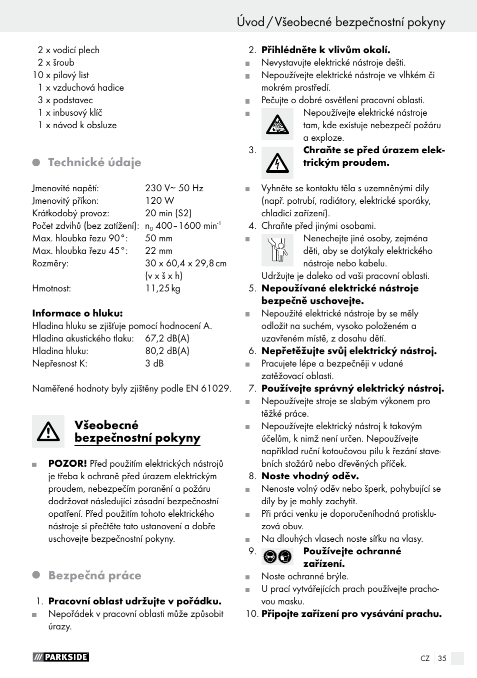 Úvod úvod / všeobecné bezpečnostní pokyny, Technické údaje, Všeobecné bezpečnostní pokyny | Bezpečná práce | Parkside PDKS 120 B3 User Manual | Page 35 / 58