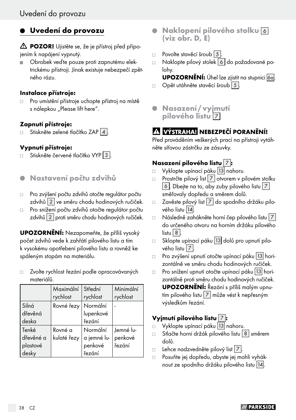 Uvedení do provozu, Údržba a čištění / servis / záruka / zlikvidování, Nastavení počtu zdvihů | Naklopení pilového stolku, Viz obr. d, e), Nasazení / vyjmutí pilového listu | Parkside PDKS 120 B3 User Manual | Page 38 / 58