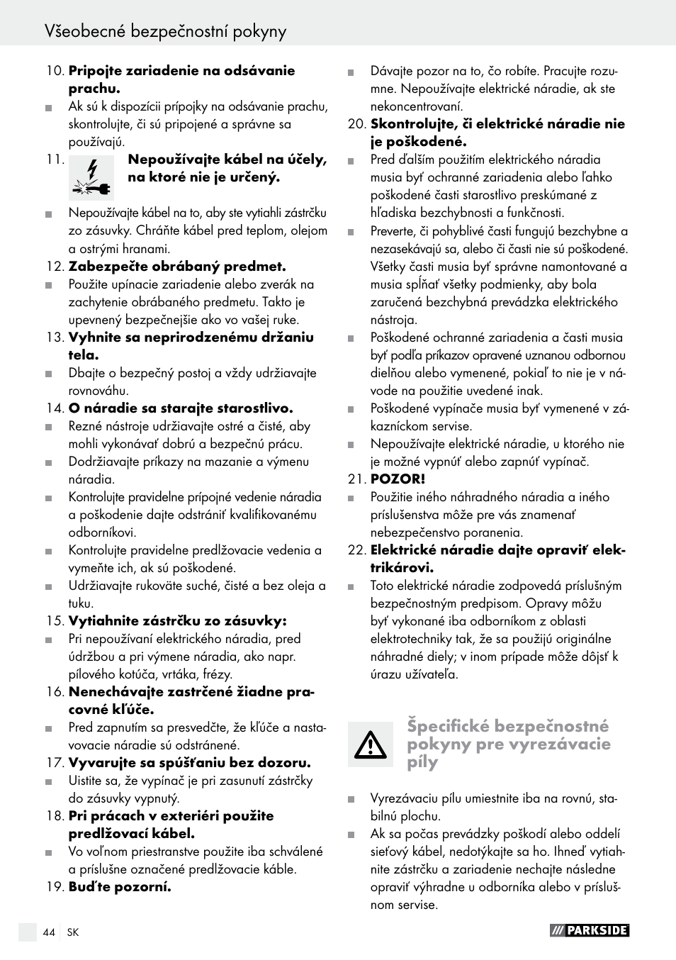 Všeobecné bezpečnostní pokyny, Všeobecné bezpečnostní pokyny / montáž | Parkside PDKS 120 B3 User Manual | Page 44 / 58