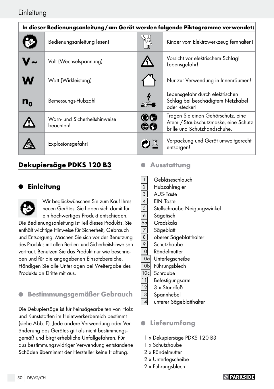 Einleitung, Einleitung / allgemeine sicherheitshinweise | Parkside PDKS 120 B3 User Manual | Page 50 / 58