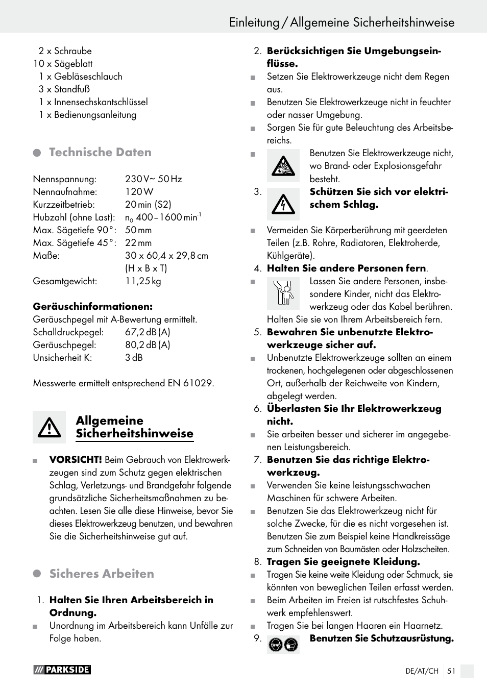 Einleitung, Einleitung / allgemeine sicherheitshinweise, Technische daten | Allgemeine sicherheitshinweise, Sicheres arbeiten | Parkside PDKS 120 B3 User Manual | Page 51 / 58