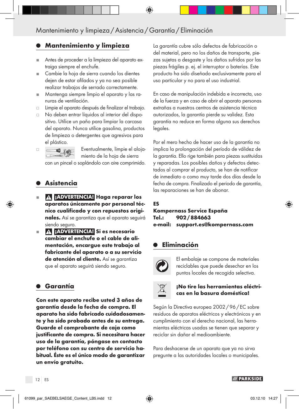 Mantenimiento y limpieza, Asistencia, Garantía | Eliminación | Parkside PFS 710 A1 User Manual | Page 12 / 52