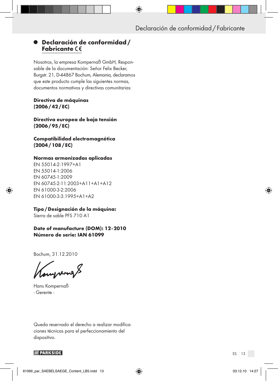 Declaración de conformidad / fabricante | Parkside PFS 710 A1 User Manual | Page 13 / 52
