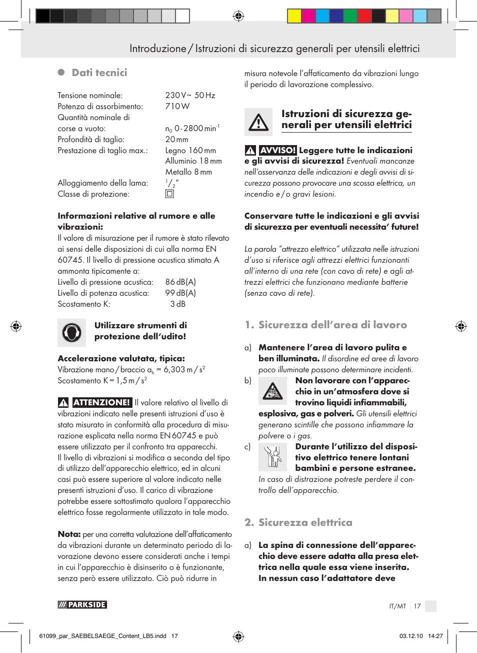 Dati tecnici, Sicurezza dell’area di lavoro, Sicurezza elettrica | Parkside PFS 710 A1 User Manual | Page 17 / 52