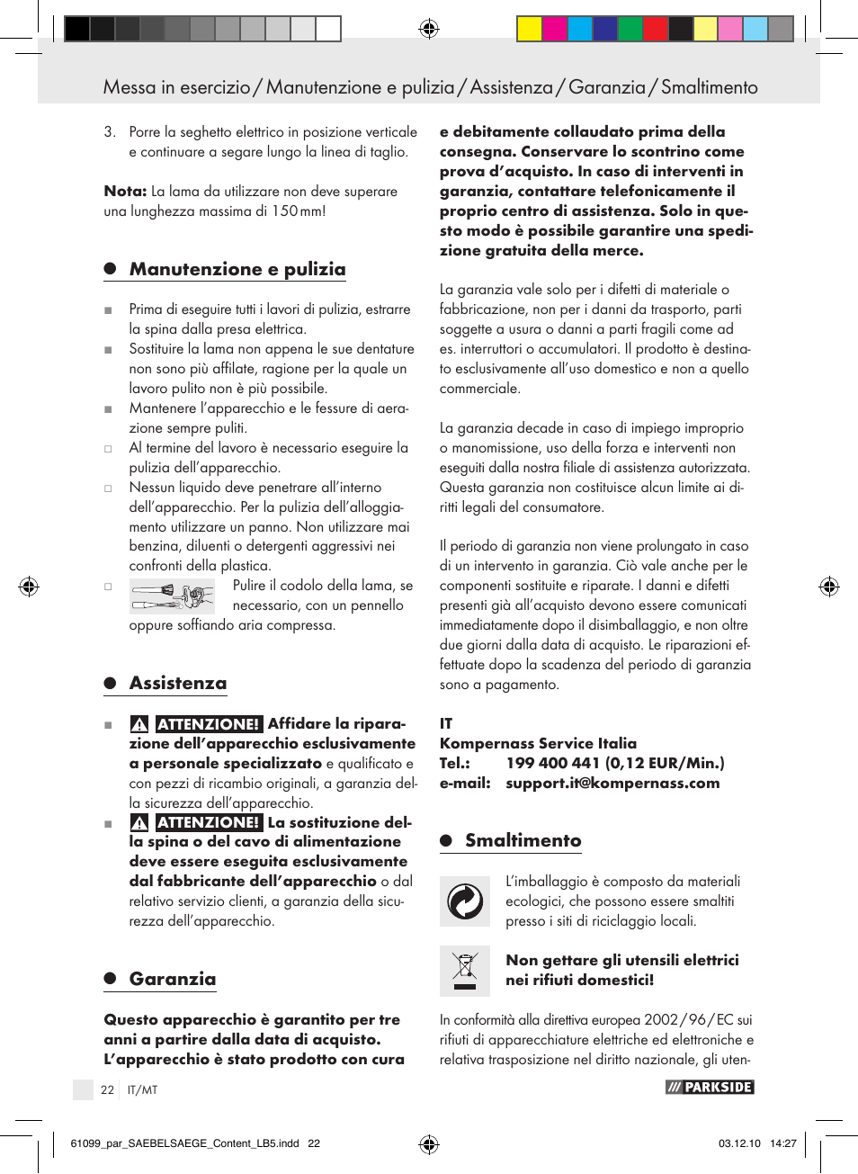 Manutenzione e pulizia, Assistenza, Garanzia | Smaltimento | Parkside PFS 710 A1 User Manual | Page 22 / 52