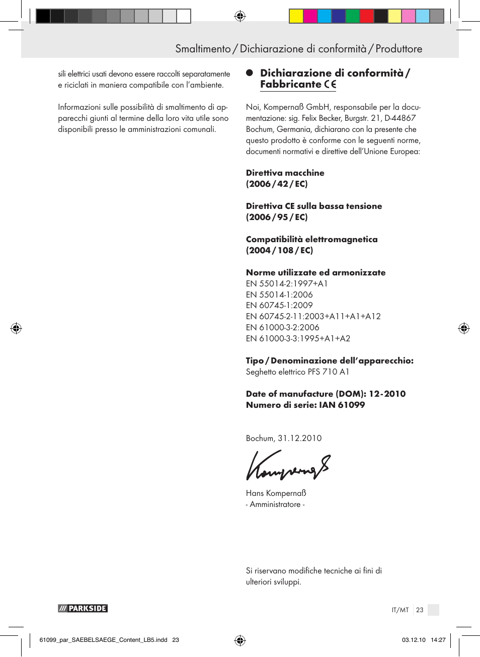 Dichiarazione di conformità / fabbricante | Parkside PFS 710 A1 User Manual | Page 23 / 52