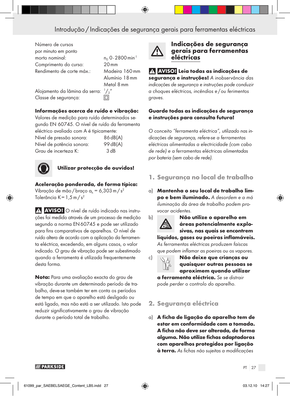 Segurança no local de trabalho, Segurança eléctrica | Parkside PFS 710 A1 User Manual | Page 27 / 52