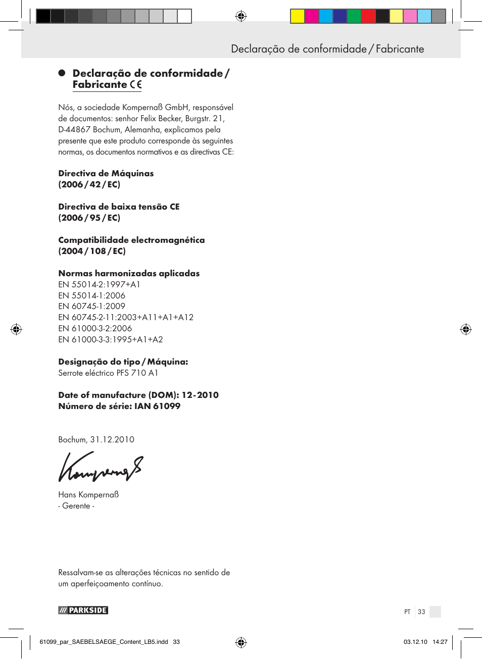 Declaração de conformidade / fabricante | Parkside PFS 710 A1 User Manual | Page 33 / 52