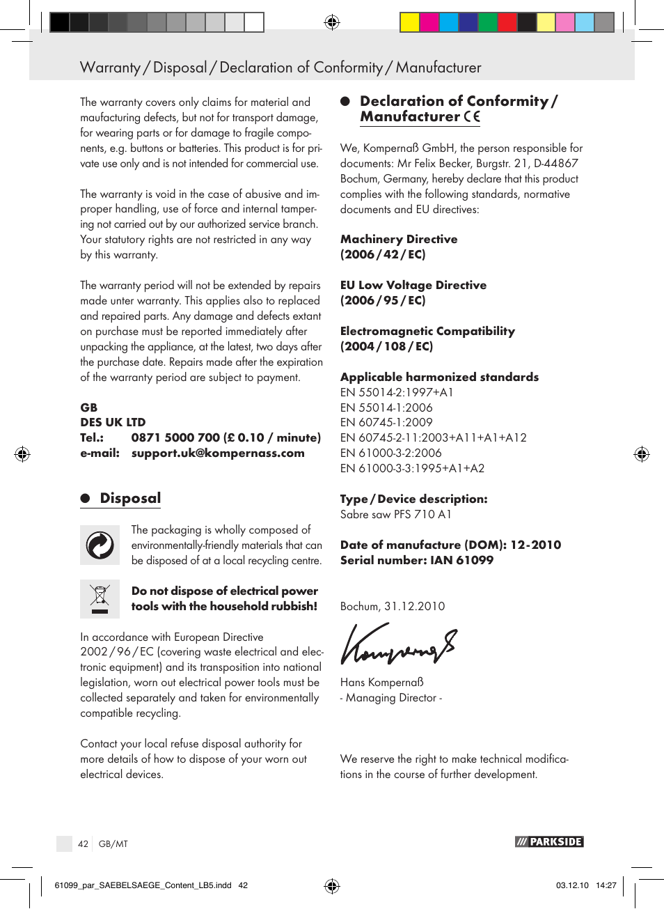 Disposal, Declaration of conformity / manufacturer | Parkside PFS 710 A1 User Manual | Page 42 / 52