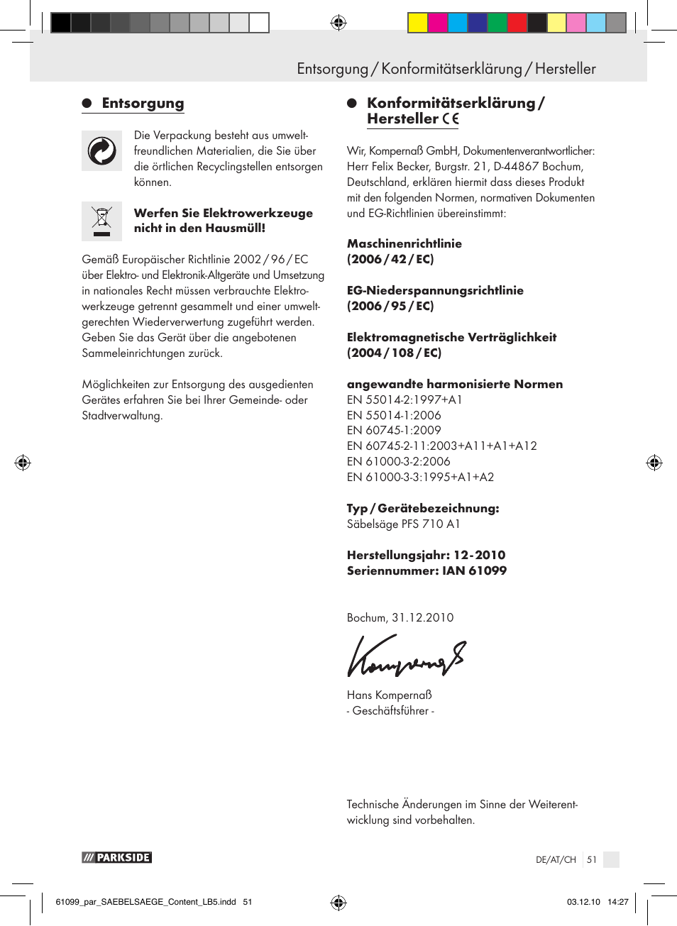 Entsorgung / konformitätserklärung / hersteller, Entsorgung, Konformitätserklärung / hersteller | Parkside PFS 710 A1 User Manual | Page 51 / 52