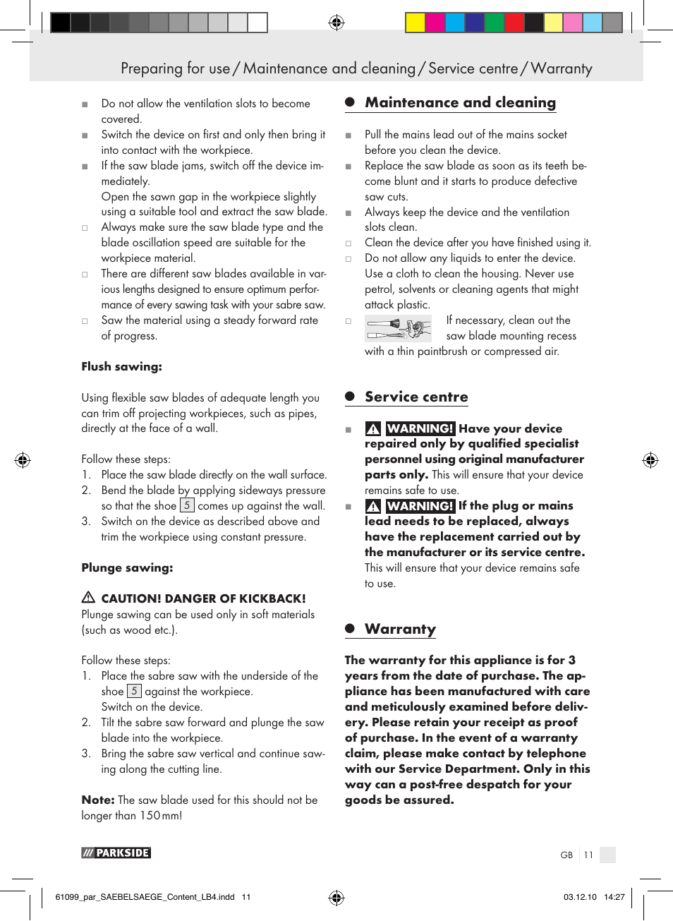 Maintenance and cleaning, Service centre, Warranty | Parkside PFS 710 A1 User Manual | Page 11 / 68