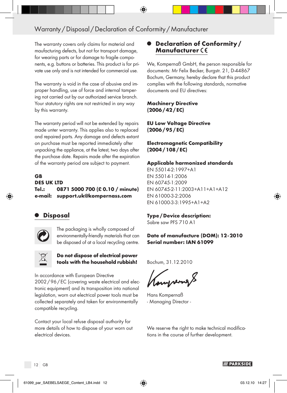 Disposal, Declaration of conformity / manufacturer | Parkside PFS 710 A1 User Manual | Page 12 / 68