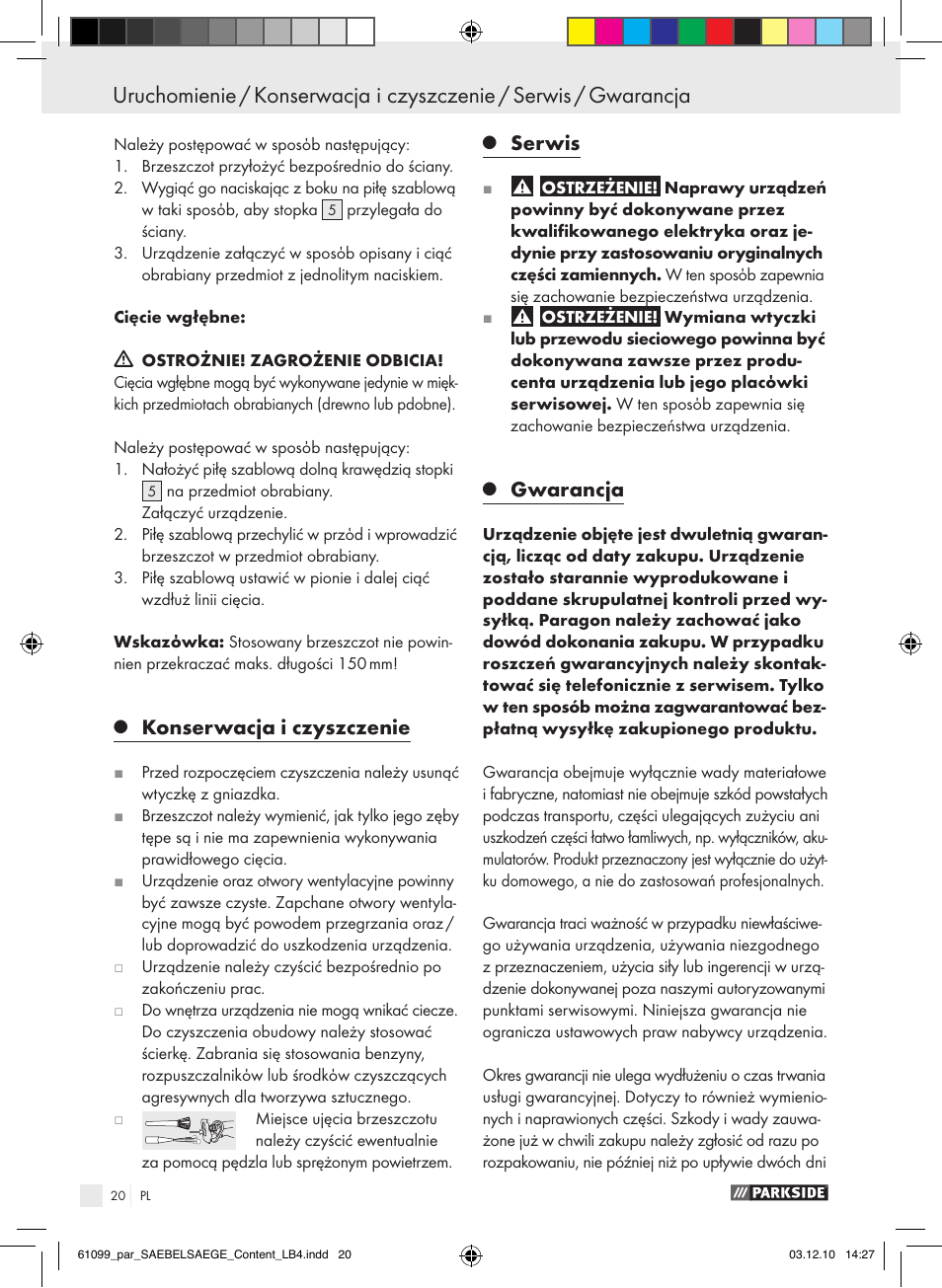 Konserwacja i czyszczenie, Serwis, Gwarancja | Parkside PFS 710 A1 User Manual | Page 20 / 68