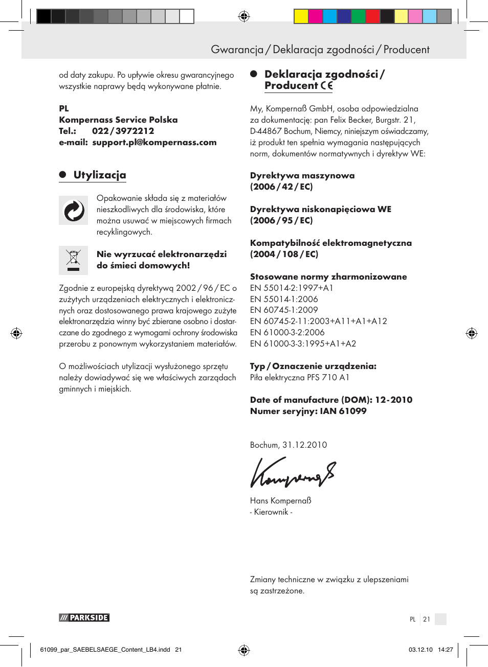 Utylizacja, Deklaracja zgodności / producent | Parkside PFS 710 A1 User Manual | Page 21 / 68