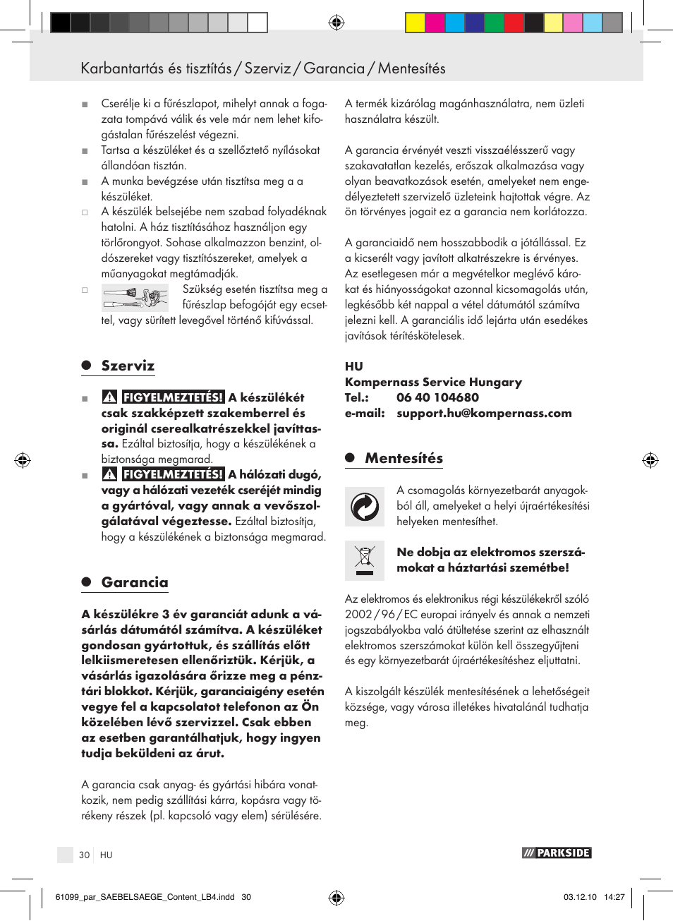 Szerviz, Garancia, Mentesítés | Parkside PFS 710 A1 User Manual | Page 30 / 68
