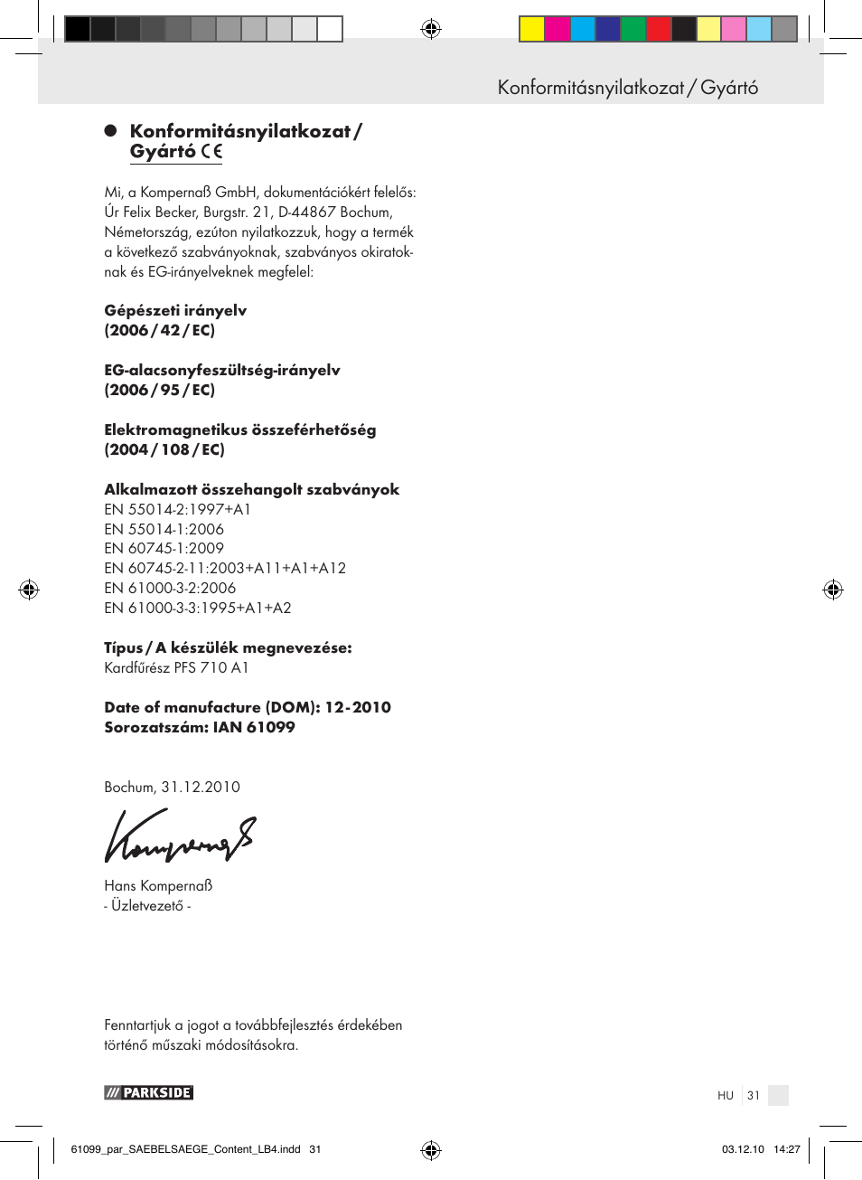 Konformitásnyilatkozat / gyártó | Parkside PFS 710 A1 User Manual | Page 31 / 68
