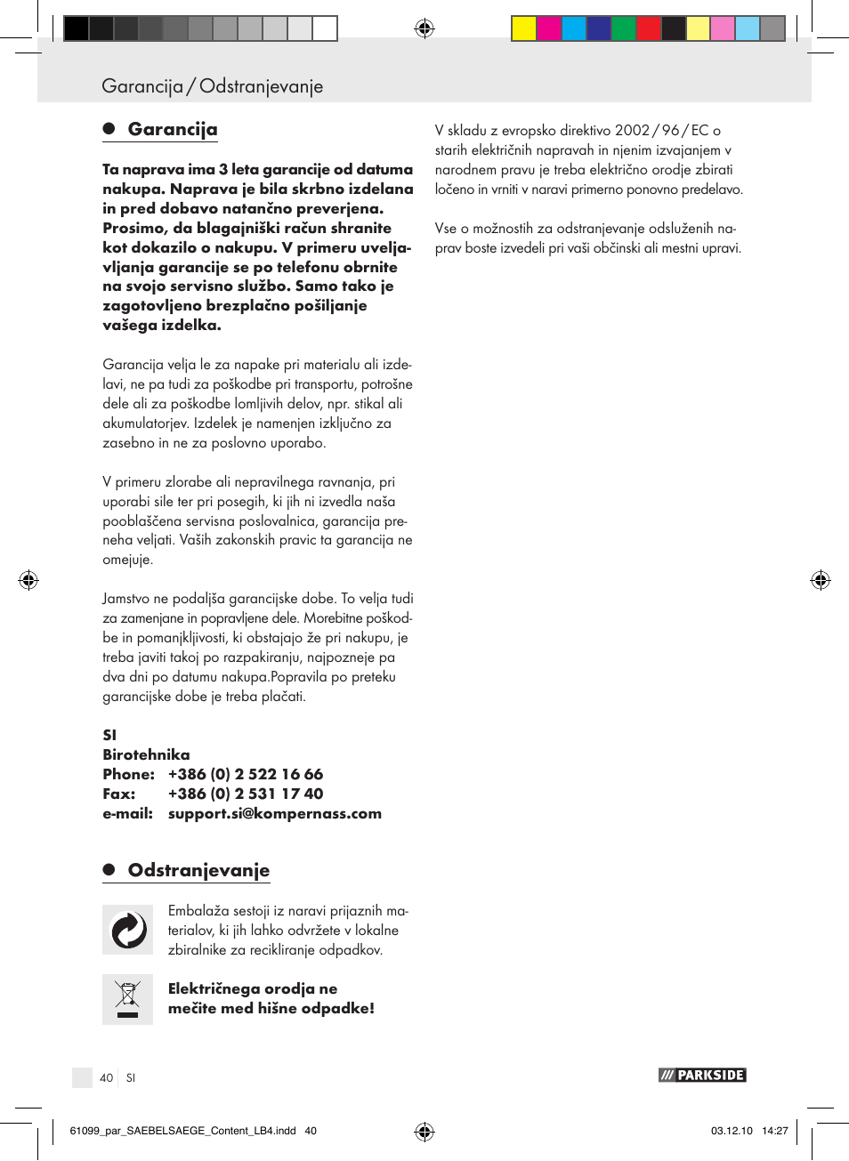 Garancija / odstranjevanje, Garancija, Odstranjevanje | Parkside PFS 710 A1 User Manual | Page 40 / 68