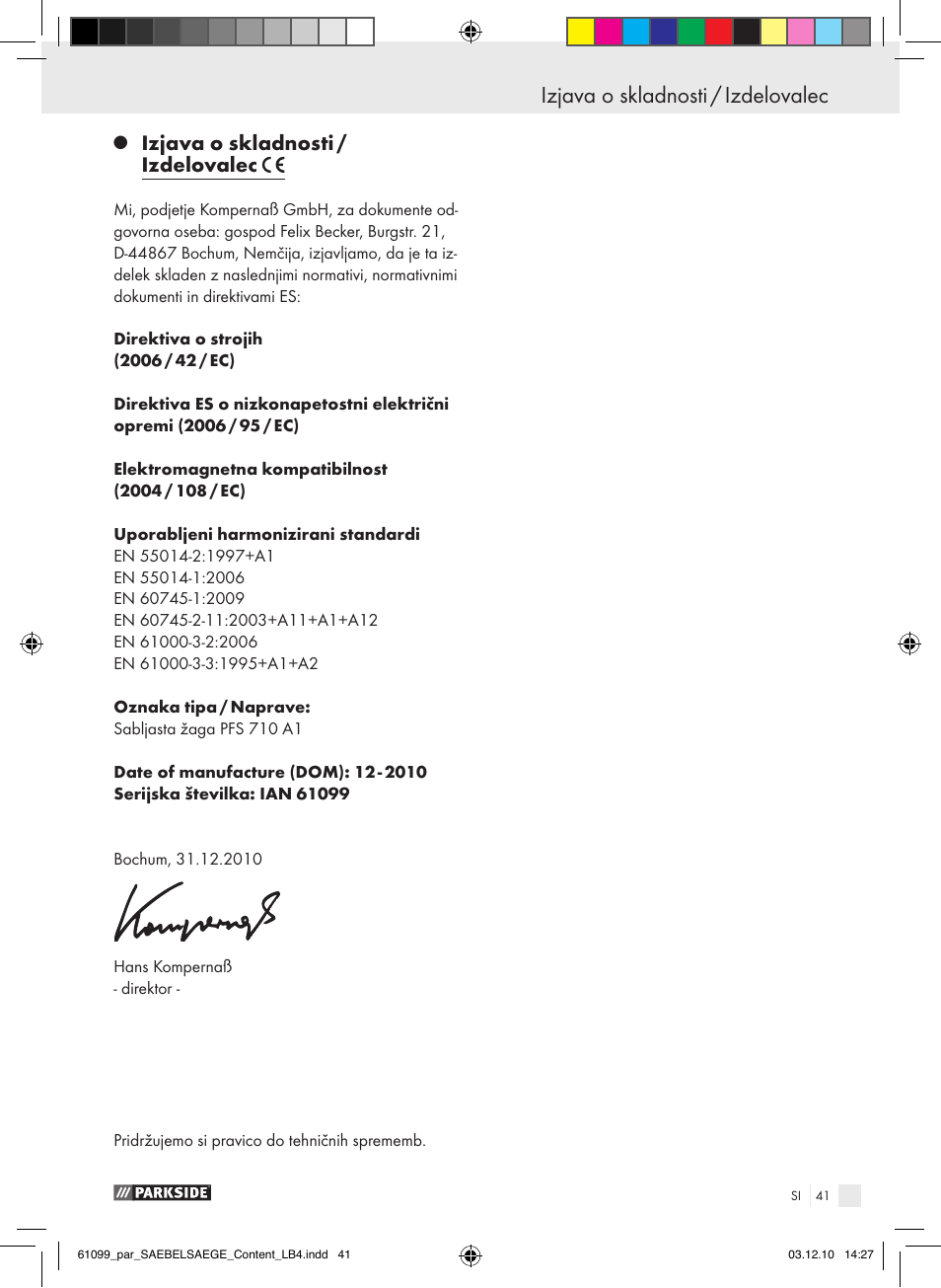 Izjava o skladnosti / izdelovalec | Parkside PFS 710 A1 User Manual | Page 41 / 68