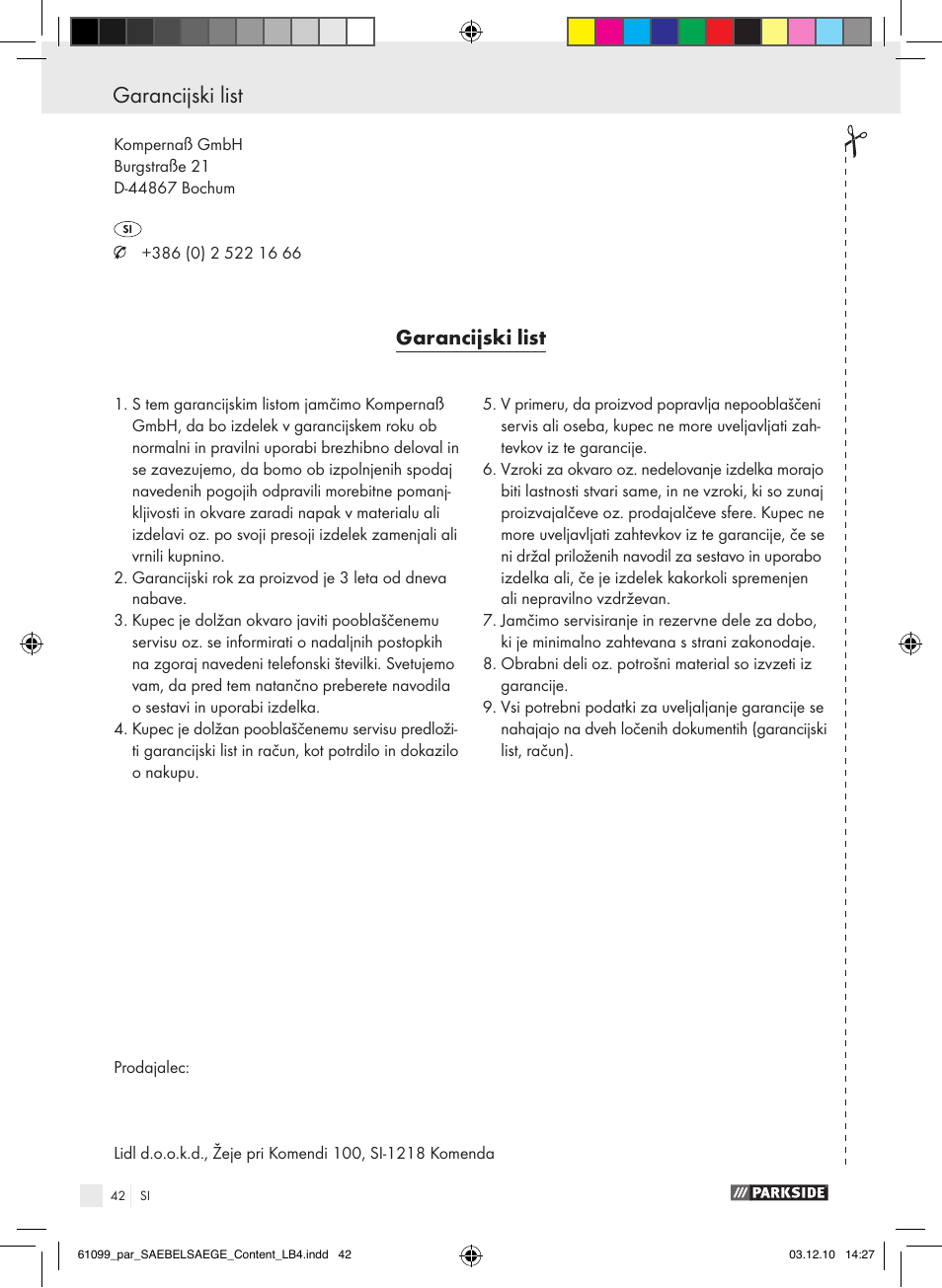 Garancijski list | Parkside PFS 710 A1 User Manual | Page 42 / 68