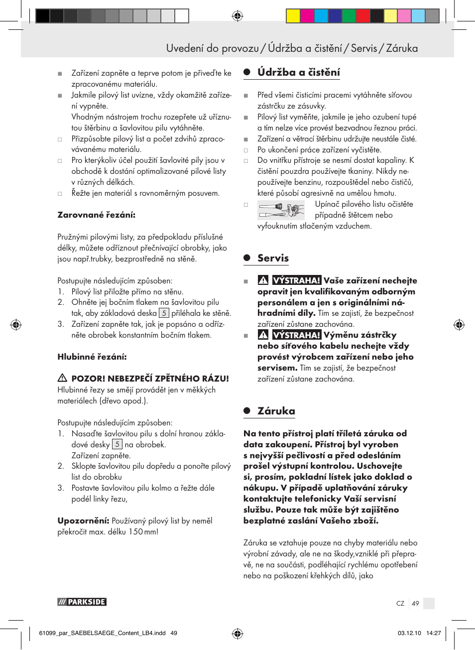 Údržba a čistění, Servis, Záruka | Parkside PFS 710 A1 User Manual | Page 49 / 68