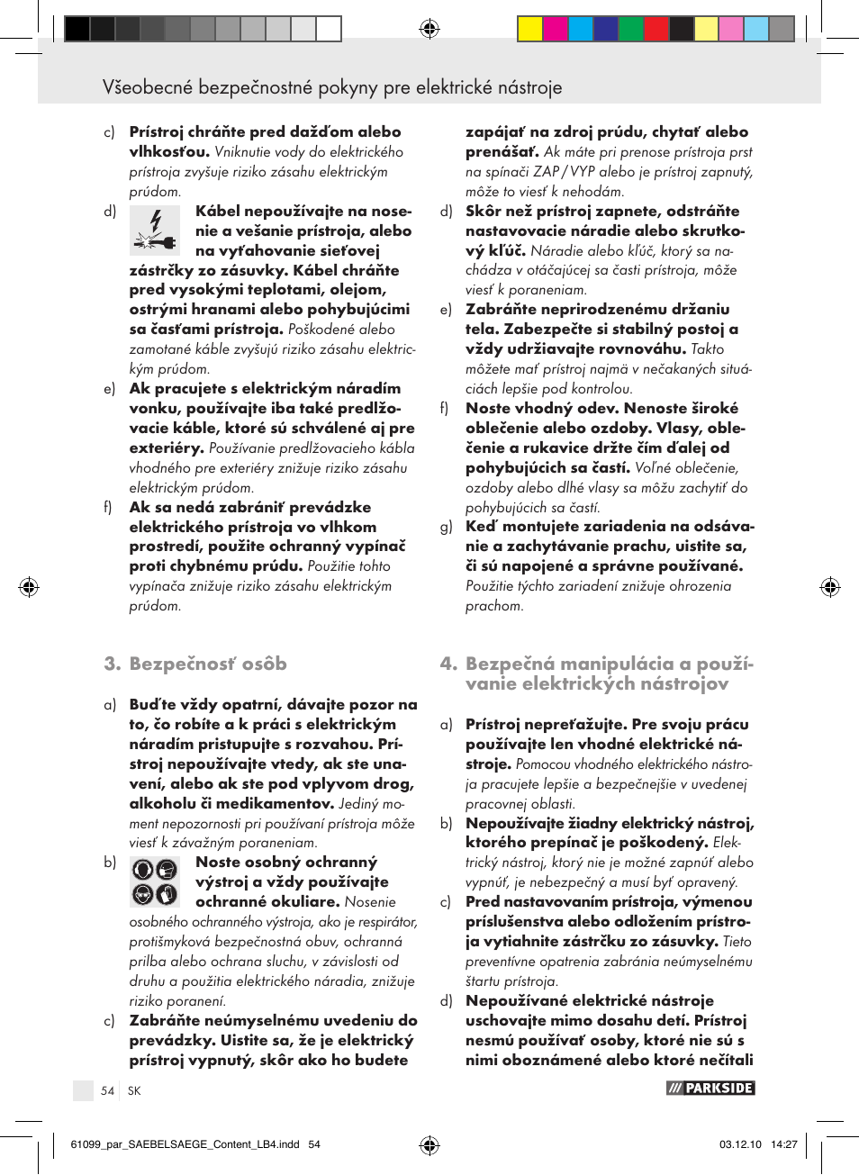 Bezpečnosť osôb | Parkside PFS 710 A1 User Manual | Page 54 / 68