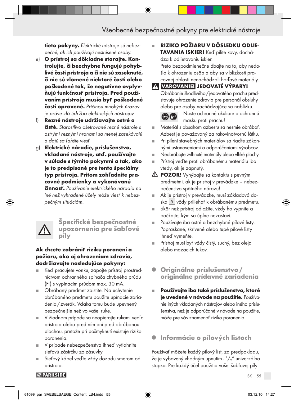 Informácie o pílových listoch | Parkside PFS 710 A1 User Manual | Page 55 / 68